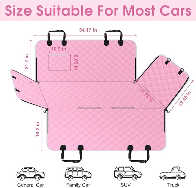 NECKORY Waterproof Dog Car Seat Cover for Back Seat - Durable, Scratch Proof Pet Hammock with Nonslip Design & Storage Pockets, Fits Cars, SUVs, Trucks - S, Pink/Grey