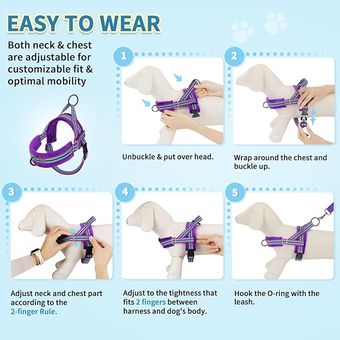 SlowTon No Pull Small Dog Harness and Leash Set, Puppy Soft Vest Harness Neck & Chest Adjustable, Reflective Lightweight & Anti-Twist Pet Lead Combo for Small Medium Dogs (PU-Front Clip, M)