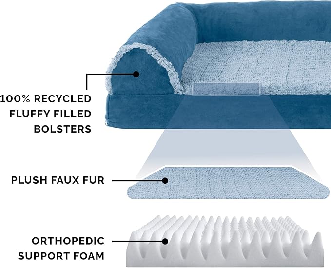 Furhaven Orthopedic Dog Bed for Large/Medium Dogs w/ Removable Bolsters & Washable Cover, For Dogs Up to 55 lbs - Two-Tone Plush Faux Fur & Suede L Shaped Chaise - Marine Blue, Large
