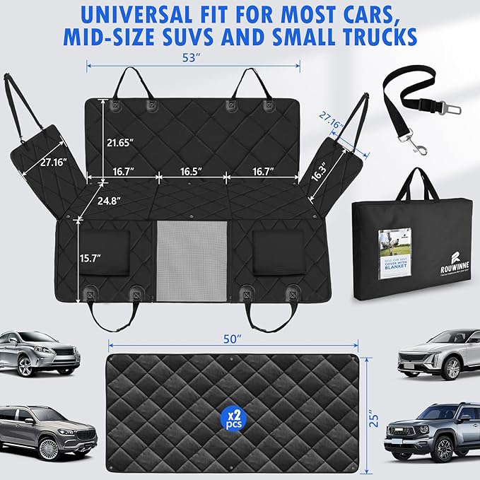 ROUWINNE Back Seat Extender for Dogs-with Removable Soft Blankets, Hard Bottom Dog Car Seat Cover for Back Seat, Sturdy Backseat Extender for Dogs, Waterproof Dog Hammock for Car, SUV