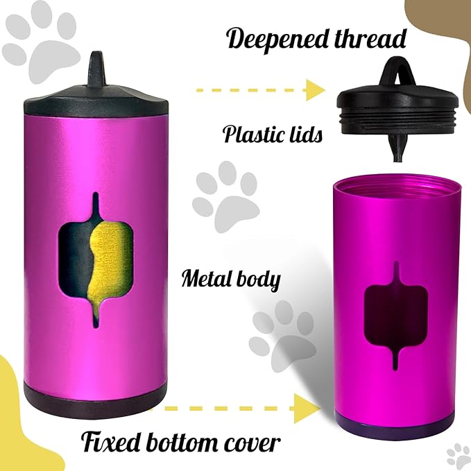 Metal Dog Poop Bag Holder 2-Pack w/Leash Clip|Durable Scratch-Resistant Aluminum|30 Bags+6 Accessories（Pink)