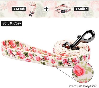 Ihoming Dog Collar and Leash Set for Daily Outdoor Walking Running Training, Pink Flowers Design for Medium Boys Girls Dogs Cats Pets, M-Up to 45LBS