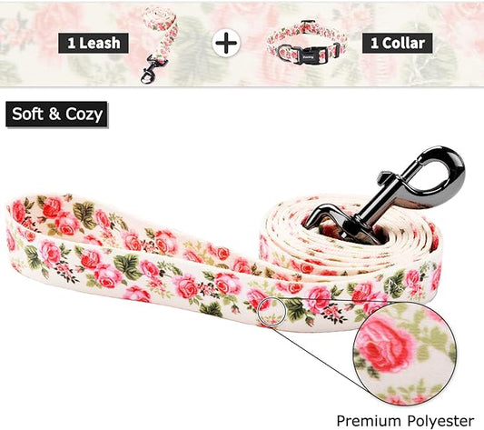 Ihoming Puppy Collar and Leash Set for Daily Outdoor Walking Running Training, Pink Flowers Design for Extra Small Boys Girls Dogs Cats Pets, XS-Up to 10LBS