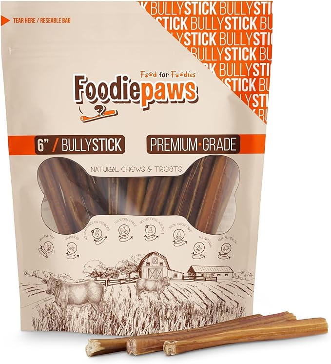 FOODIEPAWS 6 Inch Bully Sticks for Dogs, 15 Pack | All Natural, Grass-Fed Beef | High Protein, Rawhide-Free, Fully Digestible Dog Chews | Long Lasting Dental Treats for All Breeds