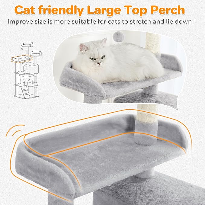 Made4Pets Cat Tree 54in Cat Tower for Indoor Cats Kitten Tree Multi-Level Cat Tree with 2 Condo Furniture Activity Center with Scratching Posts Funny Toys Kittens Pet Play House, Light Grey