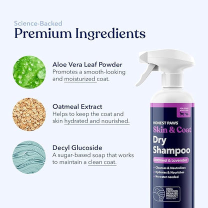 Honest Paws Dog Dry Shampoo - Waterless No Rinse Spray Formula Reducing Itch Cleanse Hydrate Nourish Dry Skin and Smelly Coat Help Decrease Odor Shedding and Allergies - Oatmeal & Lavender - 16 oz
