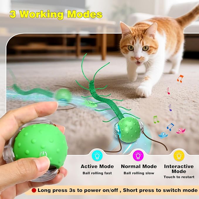 Saolife Interactive Cat Toys for Indoor Cats, Moving Cat Ball with Tail, Fast Rolling on Carpet, Chirping & Motion Activate Toy for Bored Indoor Adult Cats