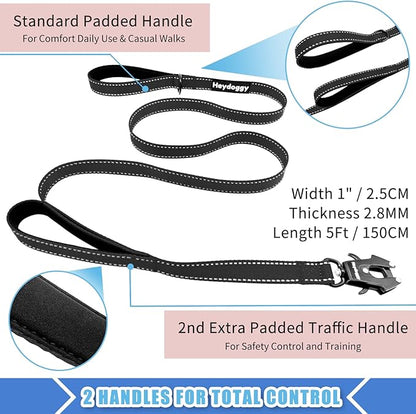 Strong Heavy Duty Dog Leash - 5ft Reflective Nylon Training Leash with Soft Padded Double Handle & Auto Lock Frog Clip - Safety Traffic Control for Large Medium Small Dogs No Pull Walk Black Black,5ft