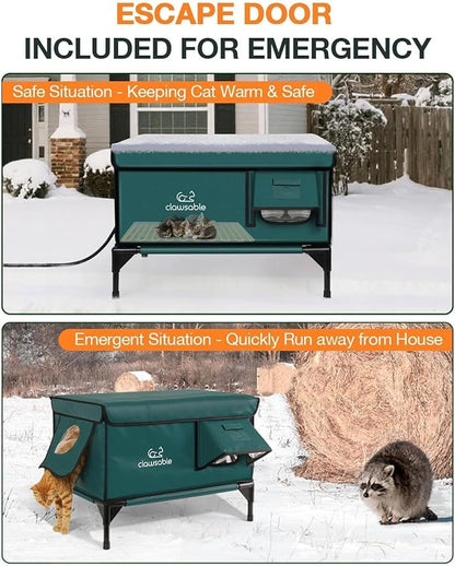 Indestructible Heated Cat House for Outside Winter, 100% Waterproof, Safe Escape Door, Insulated Outdoor Cat Shelter with Heater for Feral Barn Cat Kitty (Forest Green, 27"x17"x18")