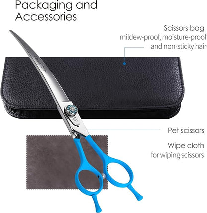Professional Pet Grooming Curved Scissors, JP440C Alloy Steel, Blue Ergonomic Handle, Sharp and Durable for Dog Grooming (7.5")