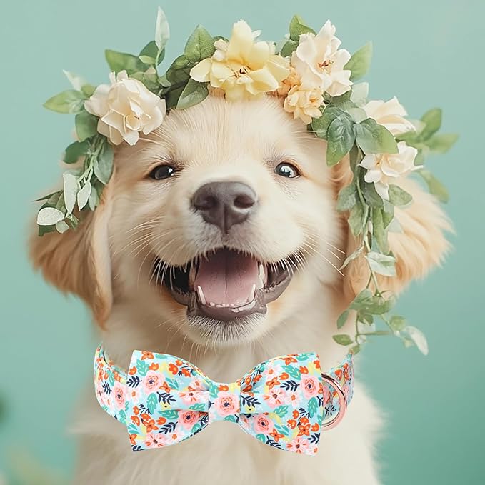 Floral Dog Collar with Bow Tie - Adjustable Light Blue Flower Bowtie Collar Breathable Comfort Spring-Summer Dog Collars for Small Medium Large Dogs L
