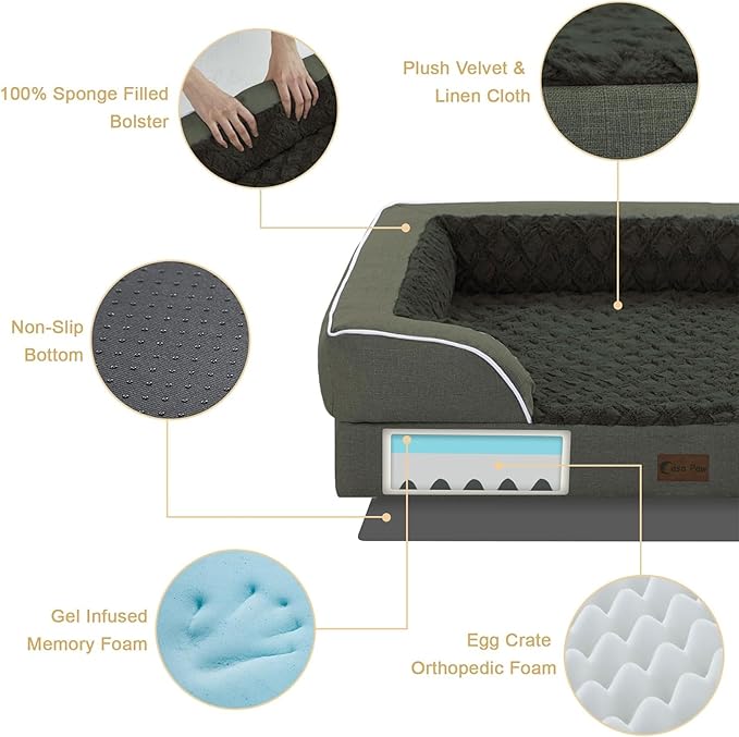 Casa Paw Orthopedic Dog Beds for Large Sized Dogs, Waterproof Memory Foam Large Pet Bed with Sides 36x27Inch, Non-Slip and Egg-Crate Foam Big Dog Couch Bed with Removable Washable Cover, Dark Green