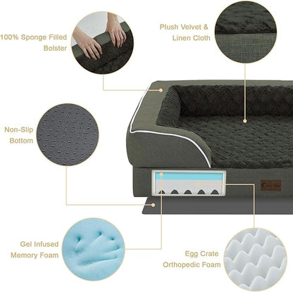 Casa Paw Orthopedic Dog Beds for Extra Large Sized Dogs, Waterproof Memory Foam XL Pet Bed with Sides 42x30Inch, Non-Slip and Egg-Crate Foam Big Dog Couch Bed with Removable Washable Cover, Dark Green
