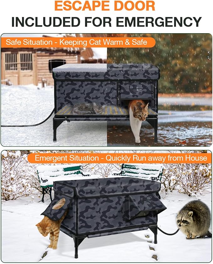 Indestructible Heated Cat House for Outside Winter, 100% Waterproof, Safe Escape Door, Insulated Outdoor Cat Shelter with Heater for Feral Barn Cat Kitty (Black Camouflage, 27"x17"x18")