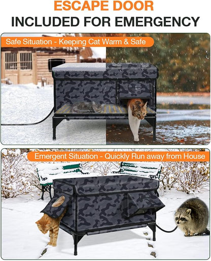 Indestructible Heated Cat House for Outside Winter, 100% Waterproof, Safe Escape Door, Insulated Outdoor Cat Shelter with Heater for Feral Barn Cat Kitty (Black Camouflage, 24"x15"x18")