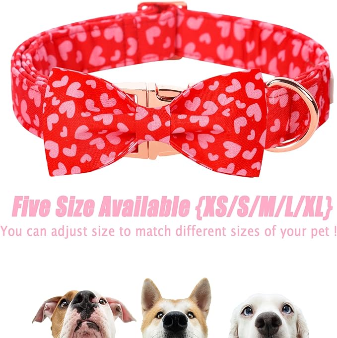 Valentines Dog Collar with Bow Tie, Pink Red Love Male Dog Collar with Safety Metal Buckle Adjustable Puppy Collars for Small Medium Large Boy & Girl Dog,M-Neck 13.5"-22"