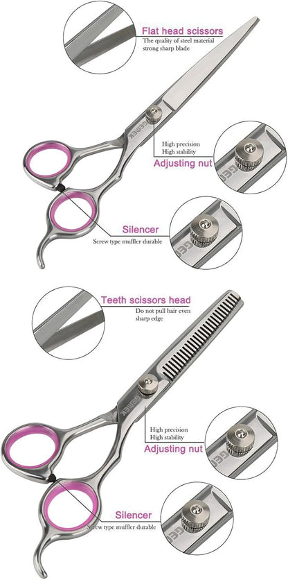 GEMEK Pet Cat Dog Grooming Scissors Set 4 Pieces Stainless Steel Professional Pet Trimmer Kit - 7.5 inch Straight Cutting, Thinning Shears, Curved, Grooming Combs