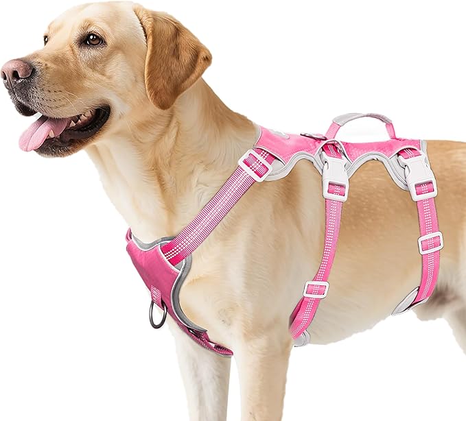 Huntboo Escape Proof Dog Harness, Escape Artist Harness, Reflective Harness with Padded Handle, Breathable, Durable, Adjustable Vest for Medium Dogs Walking, Training, and Running Gear (Pink,L)