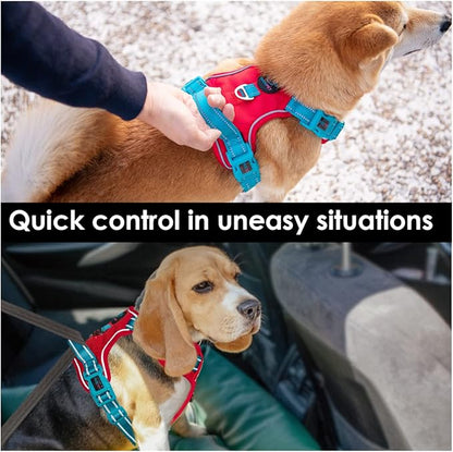 PHOEPET No Pull Dog Harness, Unique Colors Reflective Adjustable Dog Vest, with Soft Training Handle Metal Clips for Small Medium Large Dogs (Red Base & Teal Straps,XL)