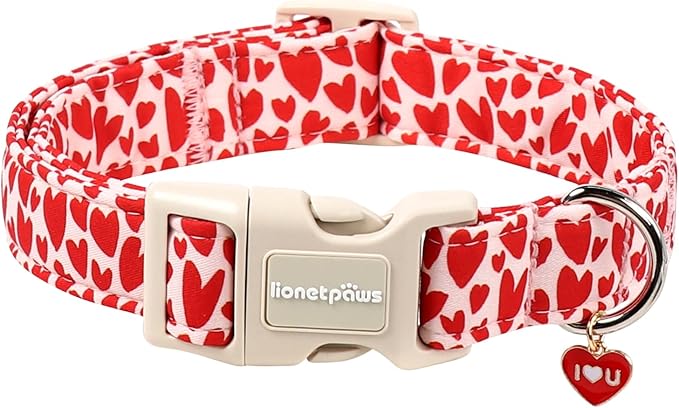 Lionet Paws Valentine's Day Dog Collars - Red Heart Peach Dogs Collar with Plastic Buckle and Heart Pendant,Dog Collar for Medium Large Dogs