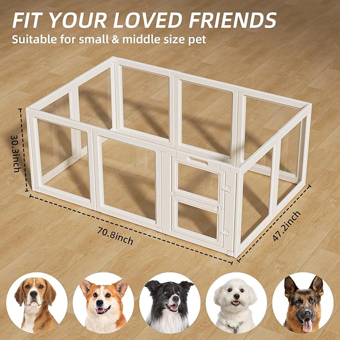 LoveTail Clear Acrylic Dog Playpen Indoor,Transparent Dog Pen,Easy to Assemble and Clear pet Pen for Puppy Dog, Rabbit and cat,Sturdy and Easy to Clean Plastic pet Fence (White, 30.3" H, 10PCS)