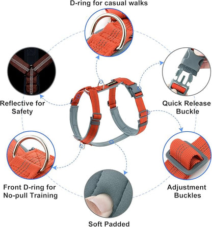 Plutus Pet No Pull Dog Harness, Adjustable Nylon Harness with Soft Padding, Reflective and Heavy Duty Dog Harness for Small, Medium, Large Dogs(Orange, M)