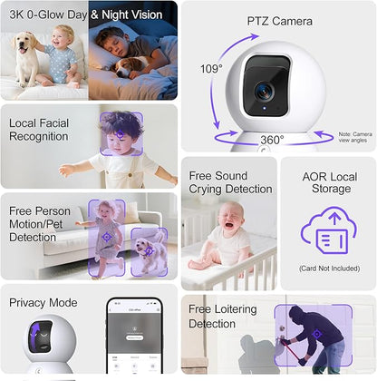 CINMOORE 5G Security Camera Indoor 2-Pack, No-Monthly-Fee AI Tracking Facial Recognition, 3K Pet/Dog Camera with Speaker/Phone App, PTZ WiFi Baby Monitor Cameras for Home Security, 0-Glow Night Vision