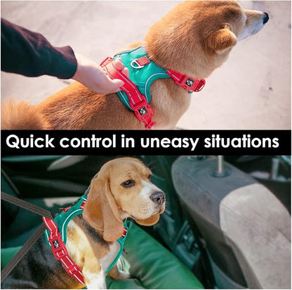 PHOEPET No Pull Dog Harness, Unique Colors Reflective Adjustable Dog Vest, with Soft Training Handle Metal Clips for Small Medium Large Dogs (Dark Green Base & Red Straps,XL)