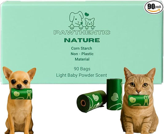 Dog Poop Bags – 90 Count Value Pack, Extra-Thick 18 Micron, Leak-Proof, Plant-Based Material, Light Baby Powder Scent for Dogs & Cats – Pawthentic Nature