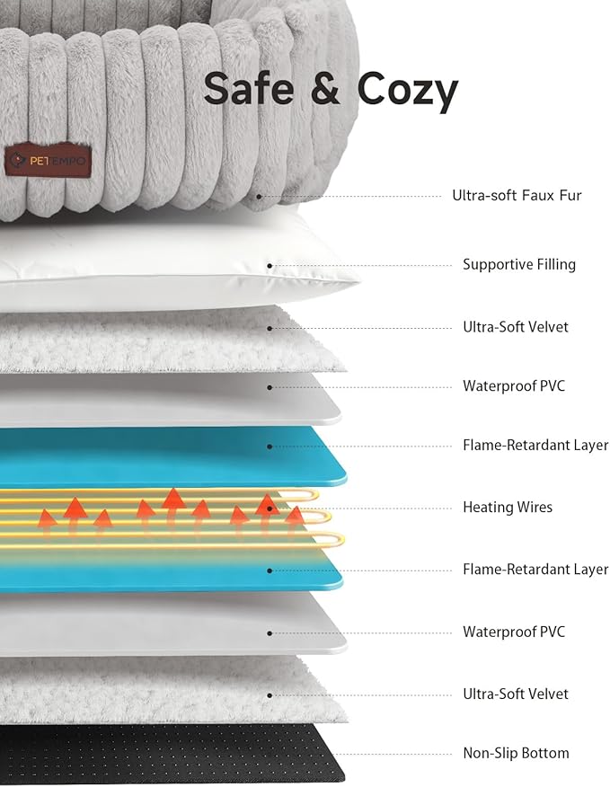 PETEMPO Heated Cat Bed Indoor, Pet Bed with 6 Temperature & 5 Timer Settings, Fluffy Cat Couch with Removable Machine-Washable Cover for Dogs Kitten Puppy in Winter, UL & FCC Certified, Small, Grey