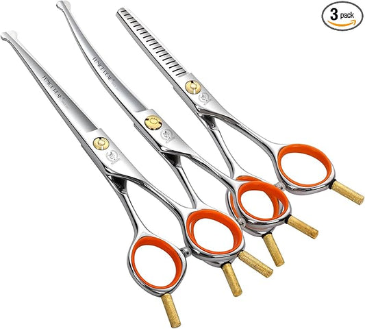 Fenice Peak 5" 3-in-1 Dog Grooming Scissors Set with Comb, Straight, Curved & Thinning Shears, Japanese 440C Stainless Steel Pet Grooming Kit for Dogs and Cats, Sharp Durable Blades