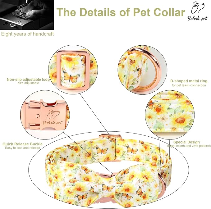 Floral Dog Collar with Bow Tie - Adjustable Yellow Sunflower Bowtie Collar Breathable Comfort Spring-Summer Dog Collars for Small Medium Large Dogs S