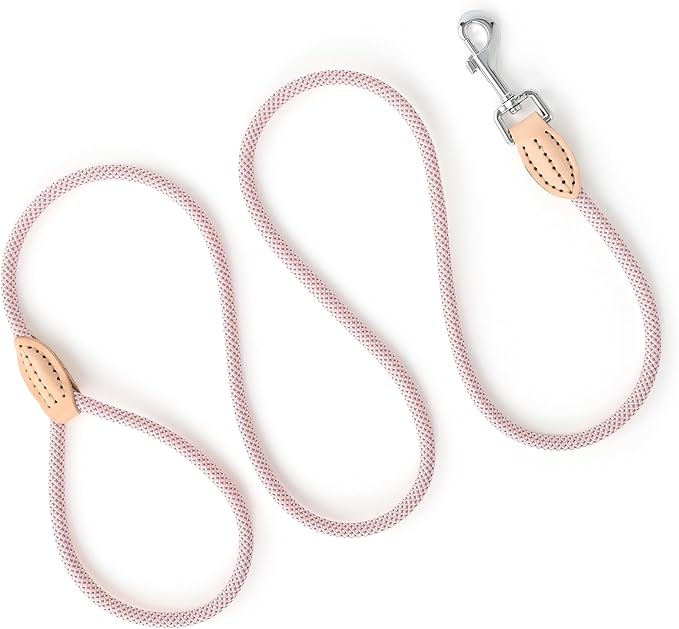 Mile High Life Small Dog Leash, Thin Lightweight Reflective Rope Leash with Genuine Leather Connection, Great for Small Medium Dogs (Pink, 72 Inch-1/3)