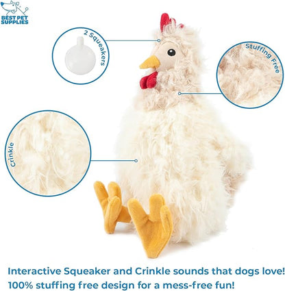 Best Pet Supplies Interactive Squeaky Dog Chew Toy, Ideal Dog Toys for Chewers, Small, Medium & Large Dogs, and Fetch Lovers - Crinkle Chicken (Beige), Large