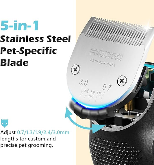 FuzzyFix Dog Clippers for Grooming with 5-in-1 Blade, Dog Grooming Kit Cordless Rechargeable Hair Trimmer Detachable Stainless Steel Blade Pet Shaver for Small Puppy Paw Face Head Body