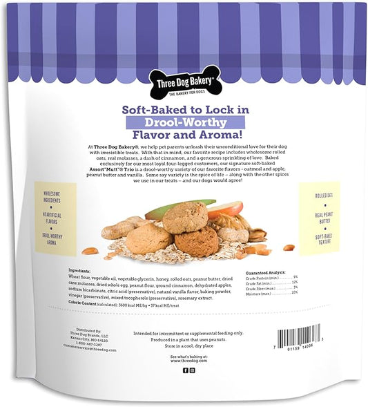 Three Dog Bakery Assort Mutt Trio, 48oz – Delicious Dog Treats with Oats, Apple, Peanut Butter & Vanilla, Premium Dog Training Treats, Puppy Treats