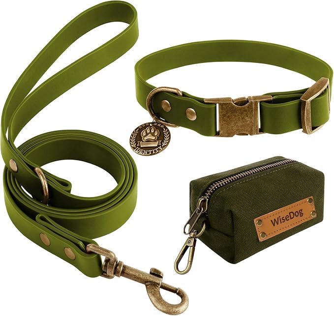Wisedog Dog Collar and Leash Set, Waterproof Adjustable Puppy Collars with Cute Tag 6FT Dog Leash with Poop Bag for Small Medium Large Dogs (XL, Green)