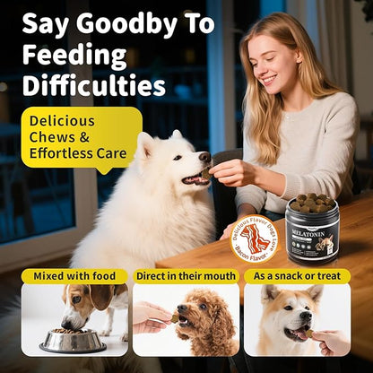 POPPAW Melatonin for Dogs, Calming Chews with Valerian Root & L-Theanine for Sleep Aid & Emotional Support, Calming Treats for Stress Anxiety Relief - Thunder, Fireworks, Barking, Bacon Flavor, 90Ct