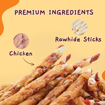 Jungle Calling Dog Treats, Natural Chicken Wrapped Rawhide Sticks for Small Medium Dogs, Long Lasting Dog Rawhide Chews for Teeth Cleaning, Grain Free Training Rewards, 1.10 lb