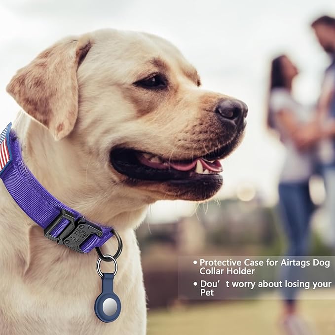 DAGANXI Tactical Dog Collar, Adjustable Military Training Nylon Dog Collar with Control Handle and Heavy Metal Buckle for Medium and Large Dogs, with Patches and Airtags Case (Purple, L)