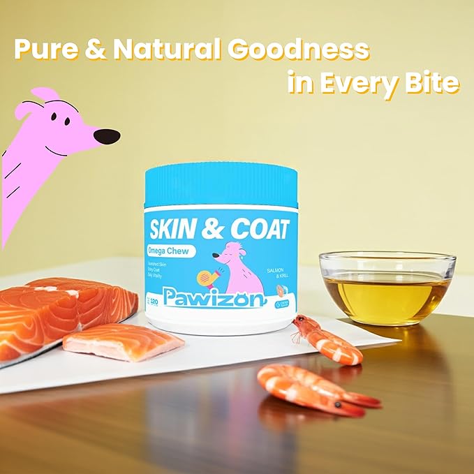 Omega 3 for Dogs –Skin & Coat Supplement – Omega Rich Salmon Oil, Krill Oil & Fish Oil – DHA&EPA for Itchy Skin Relief, Shiny Coat, Shedding & Allergy Support – 120 Soft Chews
