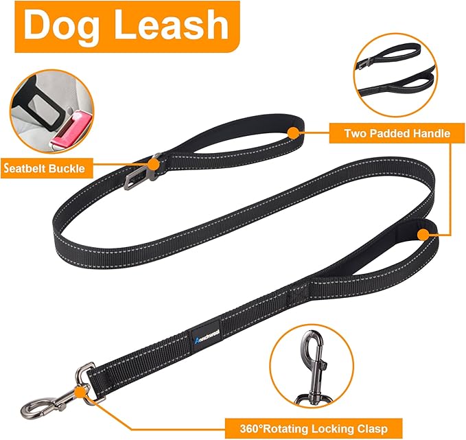 Annchwool No Pull Dog Harness,Heavy Duty Reflective Collar & Leash Set-Leash with Double Handle & Car Seatbelt Clip-Easy Control for Walking Training Medium Large Size Dogs(Black,M)