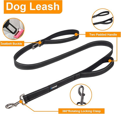 Annchwool No Pull Dog Harness,Heavy Duty Reflective Collar & Leash Set-Leash with Double Handle & Car Seatbelt Clip-Easy Control for Walking Training Medium Large Size Dogs(Black,M)
