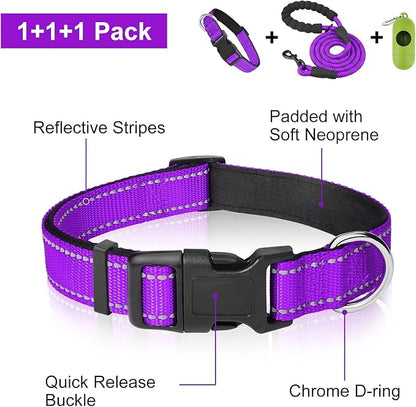 Dynmeow Reflective Dog Collar and Leash Set, 6FT Strong Climbing Rope Leash with Padded Handle, Adjustable Pet Collar with Soft Neoprene Padding for Small Medium Dogs, Purple, S
