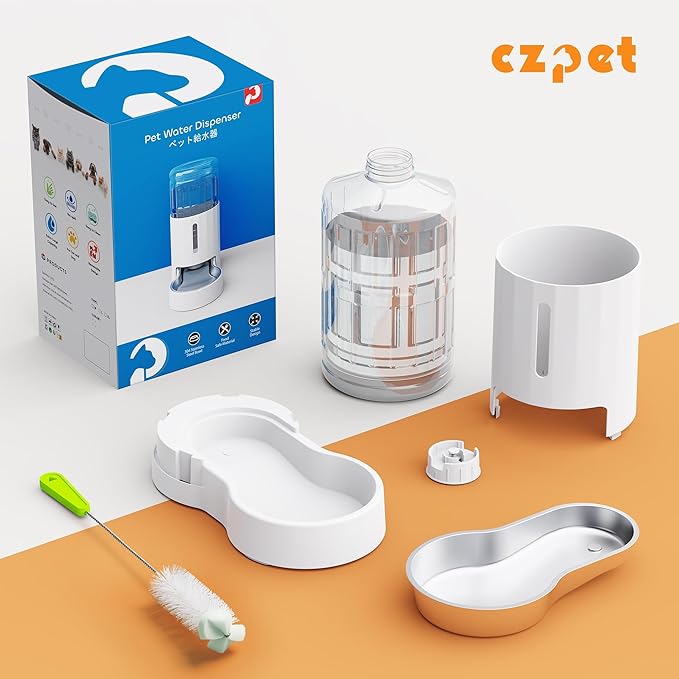 CZPET Dog Water Bowl Dispenser, 7L Automatic Dog and Cat Water Dispenser with Stainless Steel Bowl, Gravity Waterer, Large Capacity, and Quiet Drinking Area for Pets (7L,White)
