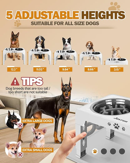 Elevated Dog Bowls, Dog Feeder with 1*Stainless Steel Dishes & 1*Slow Feeder Bowl, 5 Heights Adjustable Raised Stand for Medium Large, Food Dishes with Non-Slip Feet