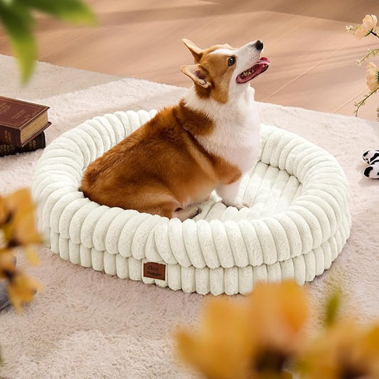 Dog Bed Large Sized Dog - Luxury Striped Faux Fur Waterproof Pet Couch with Removable Washable Cover, Orthopedic Pet Bed with Bolster Sides for Sleeping, Cream