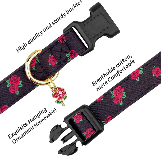 Cotton Handmade Dog Collar Cute and Distinctive Patterns Black Rose with Pendant for Girl Boy Dogs Collars M