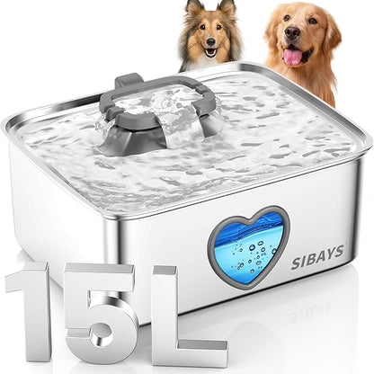 SIBAYS 15L Large Dog Water Fountain, 4 Gal Stainless Steel Pet Water Fountain for Dogs Inside, Ultra Quiet Automatic Dog Water Bowl Dispenser with Water Level Window & LED Light, Easy to Clean FS80