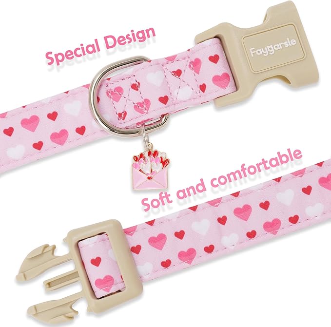 Faygarsle Valentine's Day Dog Collar, Pink with Red and White Hearts Pattern, Adjustable with Quick-Release Buckle and Heart Charm S